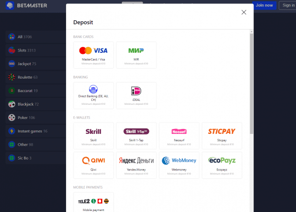 Dépôts Yandex Money sur Betmaster